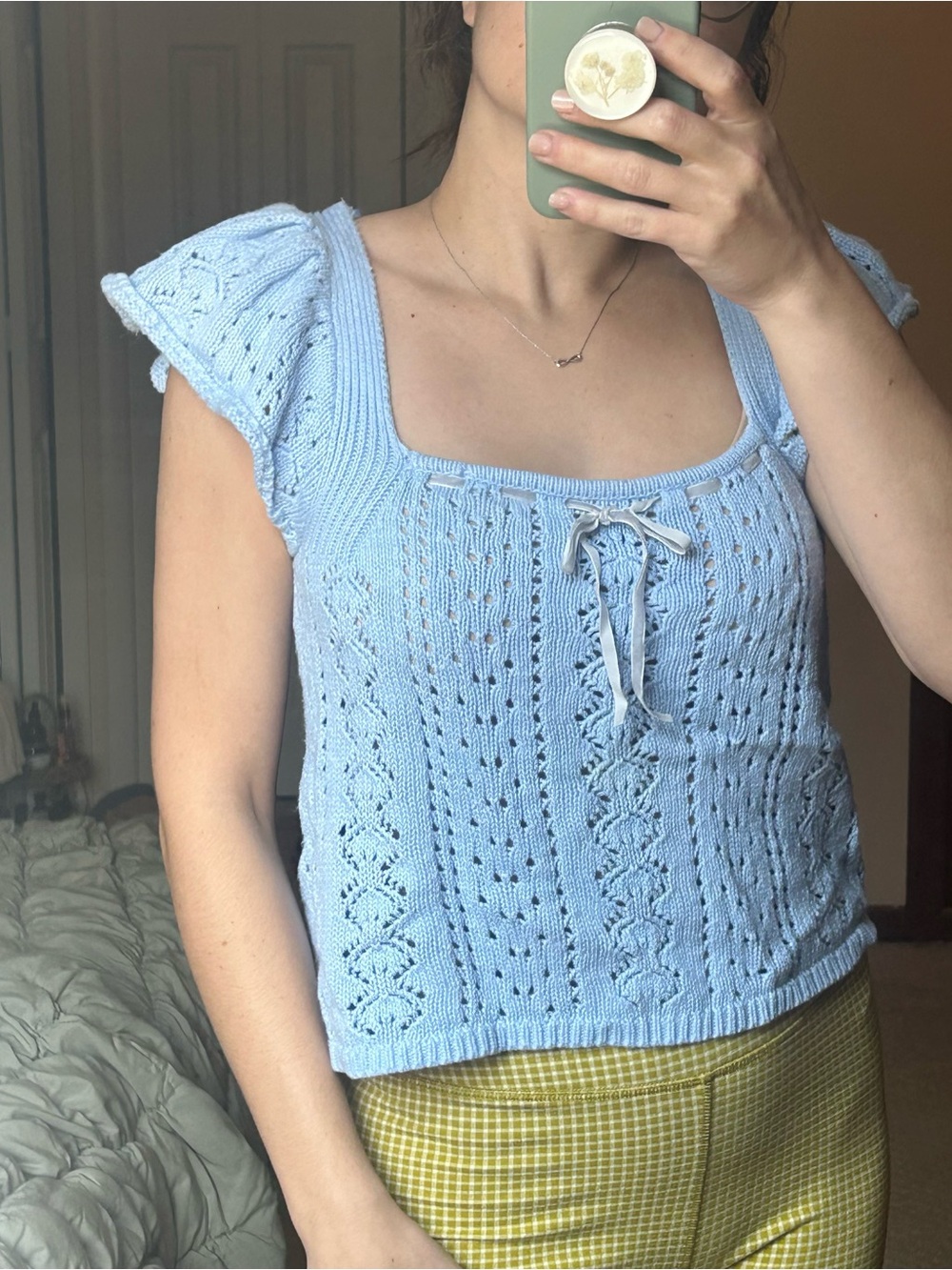 Haute Hippie Powder Blue Knit Lace-Up Square Neck Top